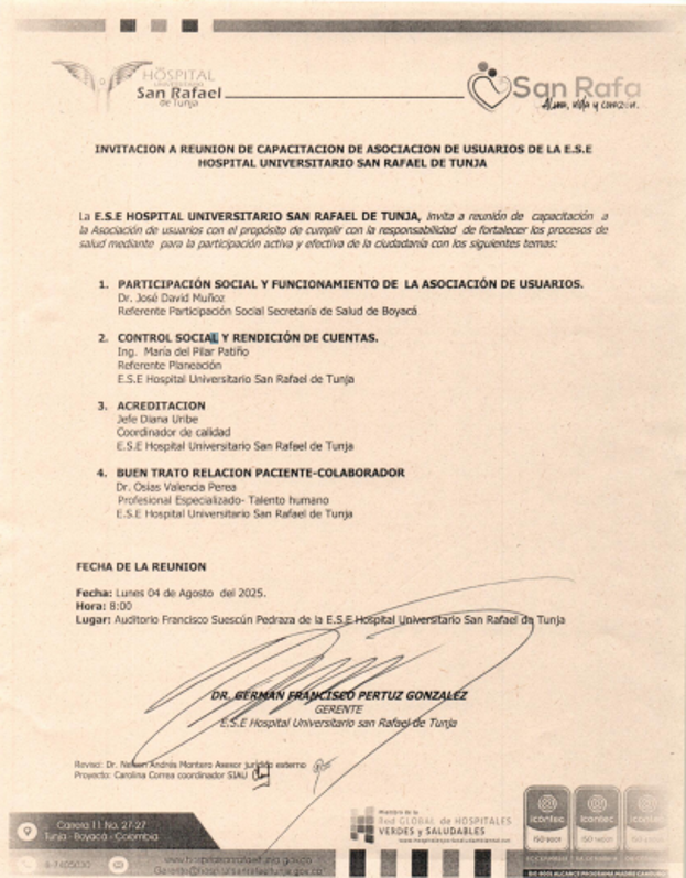 Invitación a Reunión de Capacitacion De Asociación de Usuarios E.S.E. Hospital Universitario San Rafael de Tunja